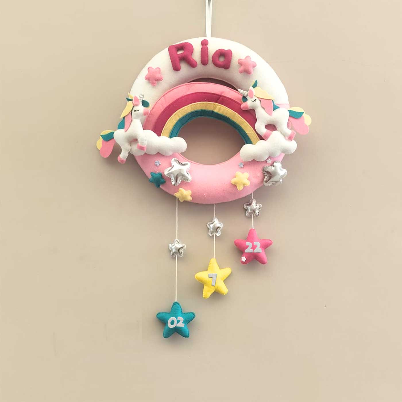 Felt - Rainbow Unicorn with stars Theme nameplate for Kids