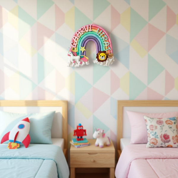 Macrame Nameboard -  7 layer Rainbow with Felt Animals