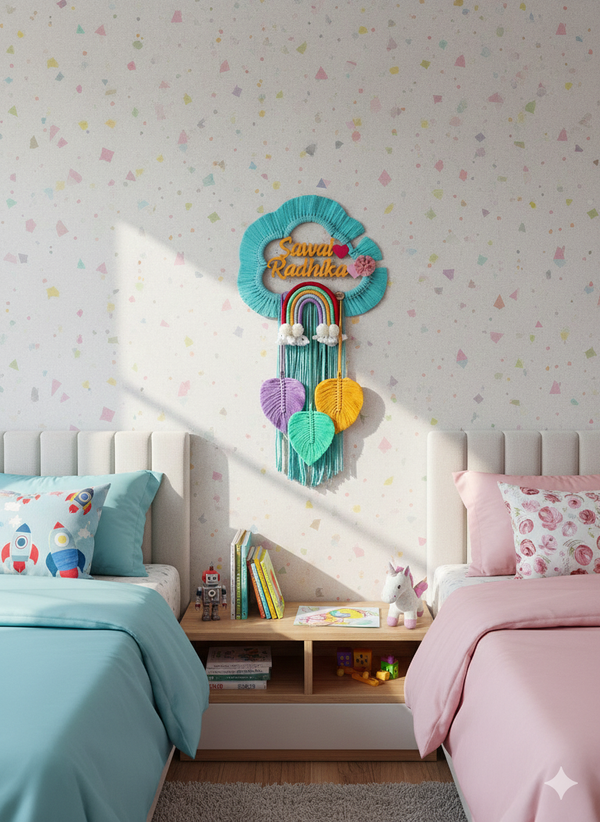 Handmade Macrame Kids Name Plate - Customizable Cloud Shape Wall Decor