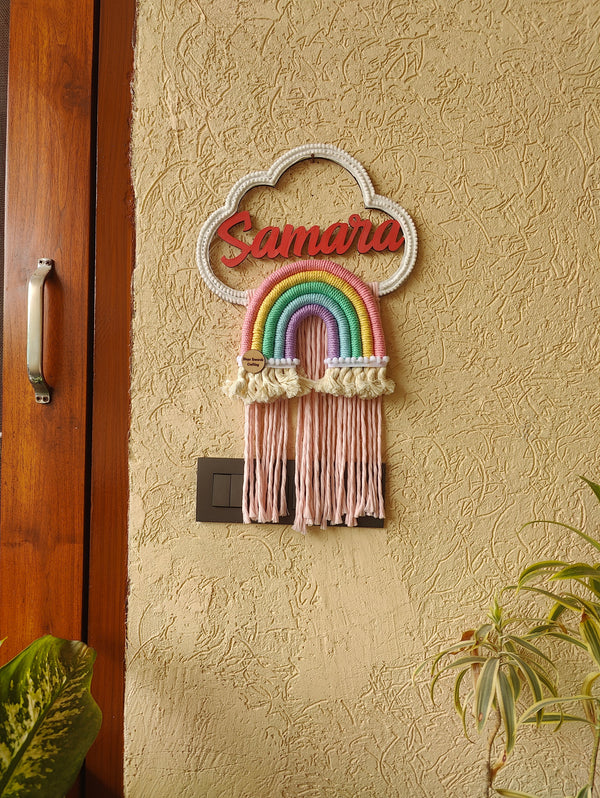Macrame - Kids Name Plate Cloud With Rainbow & Hanging