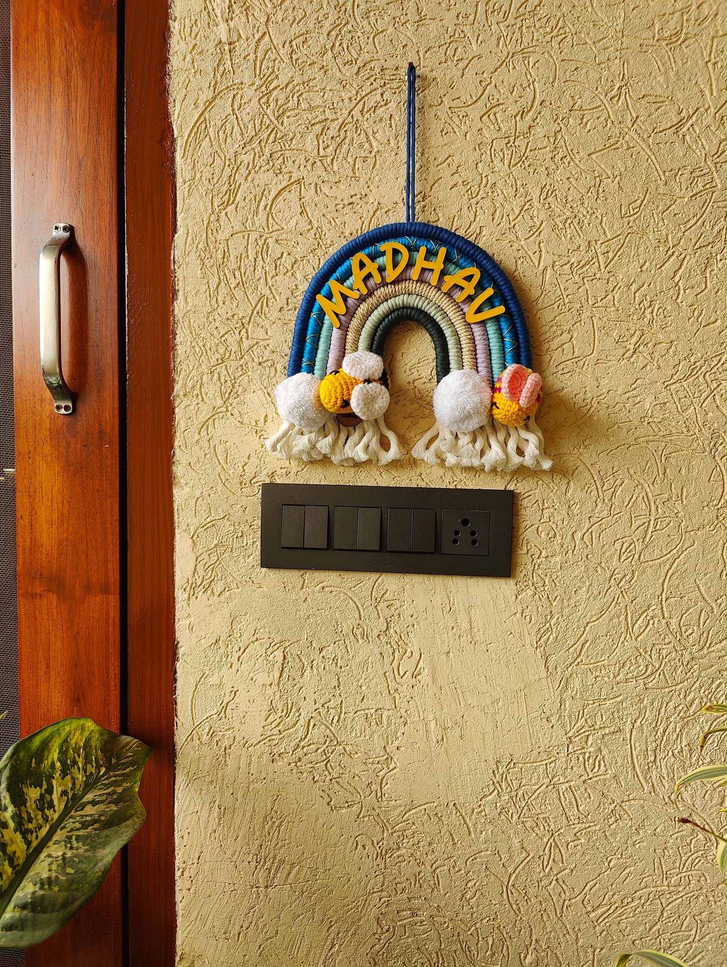 Handmade Macrame Rainbow Nameplate - Crochet Bee / Panda Theme