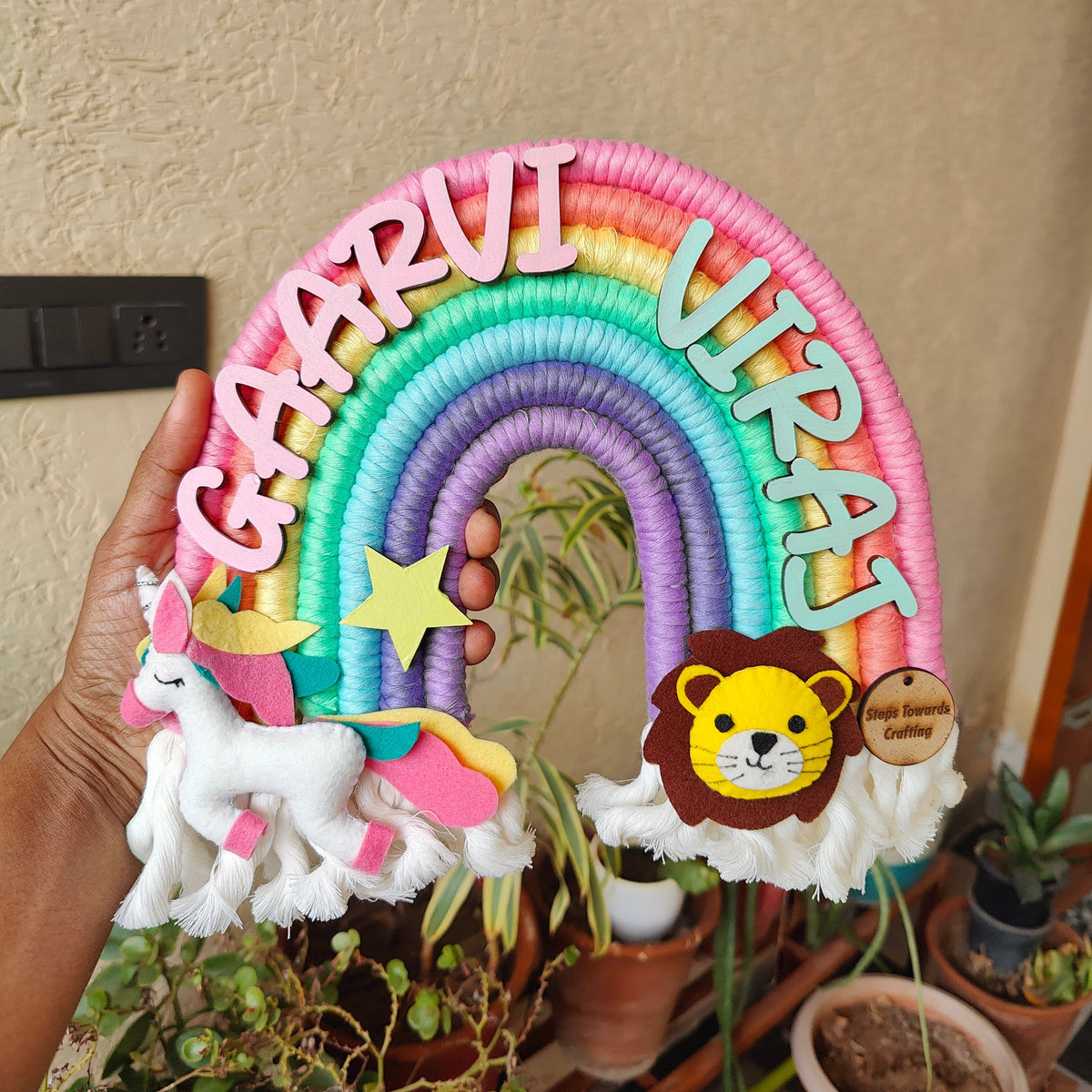 Macrame Nameboard -  7 layer Rainbow with Felt Animals