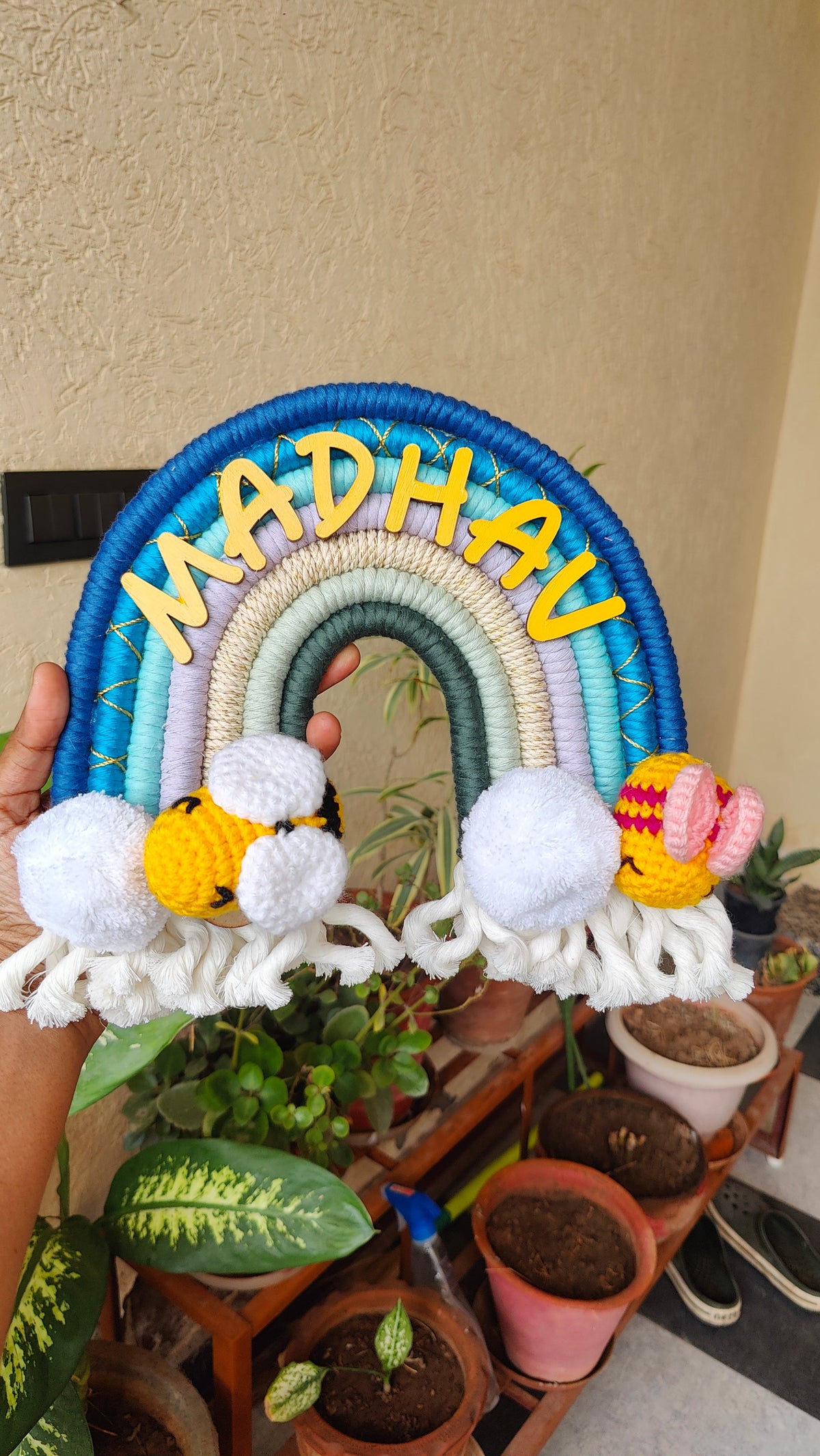 Handmade Macrame Rainbow Nameplate - Crochet Bee / Panda Theme