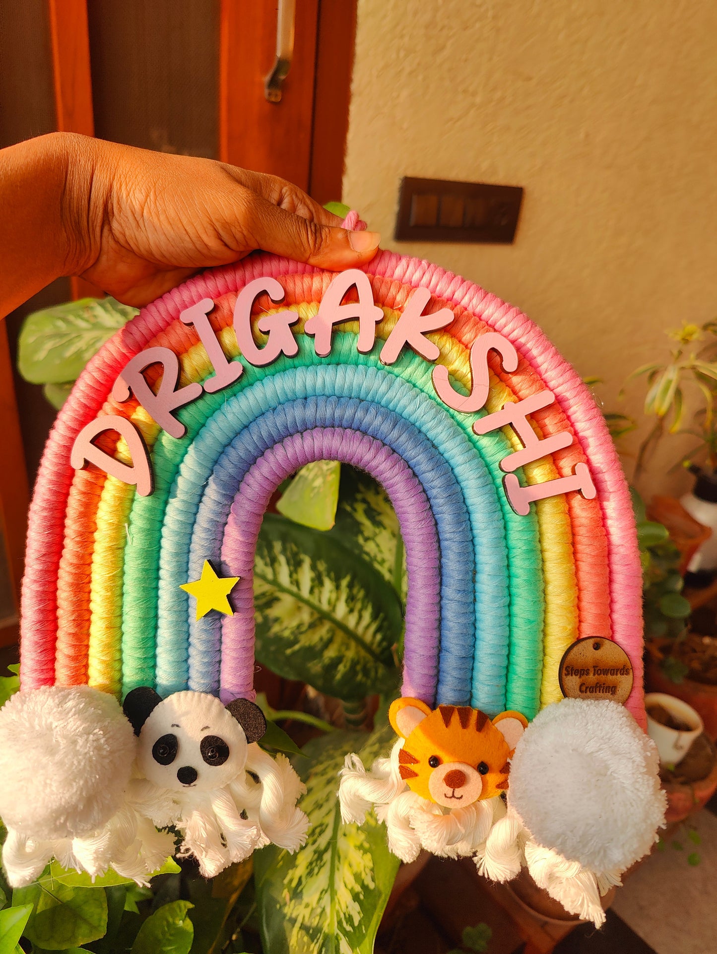 Macrame Nameboard -  7 layer Rainbow with Felt Animals