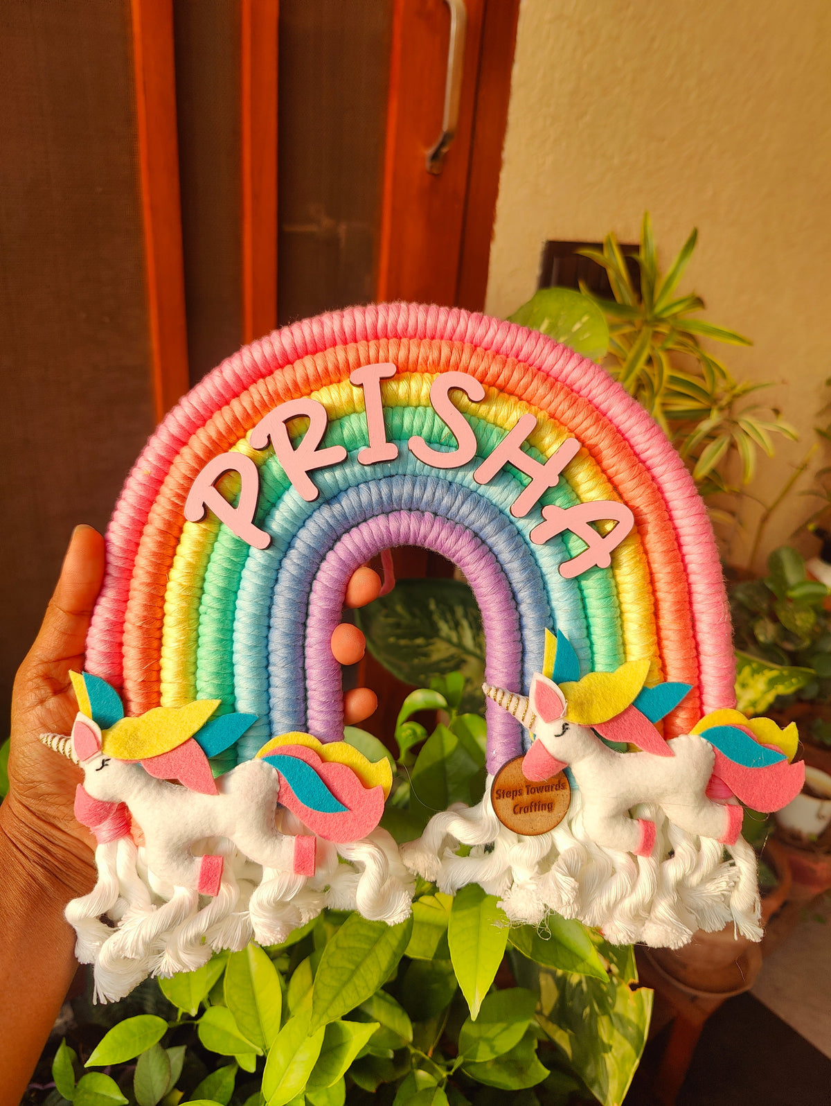 Macrame Nameboard -  7 layer Rainbow with Felt Animals
