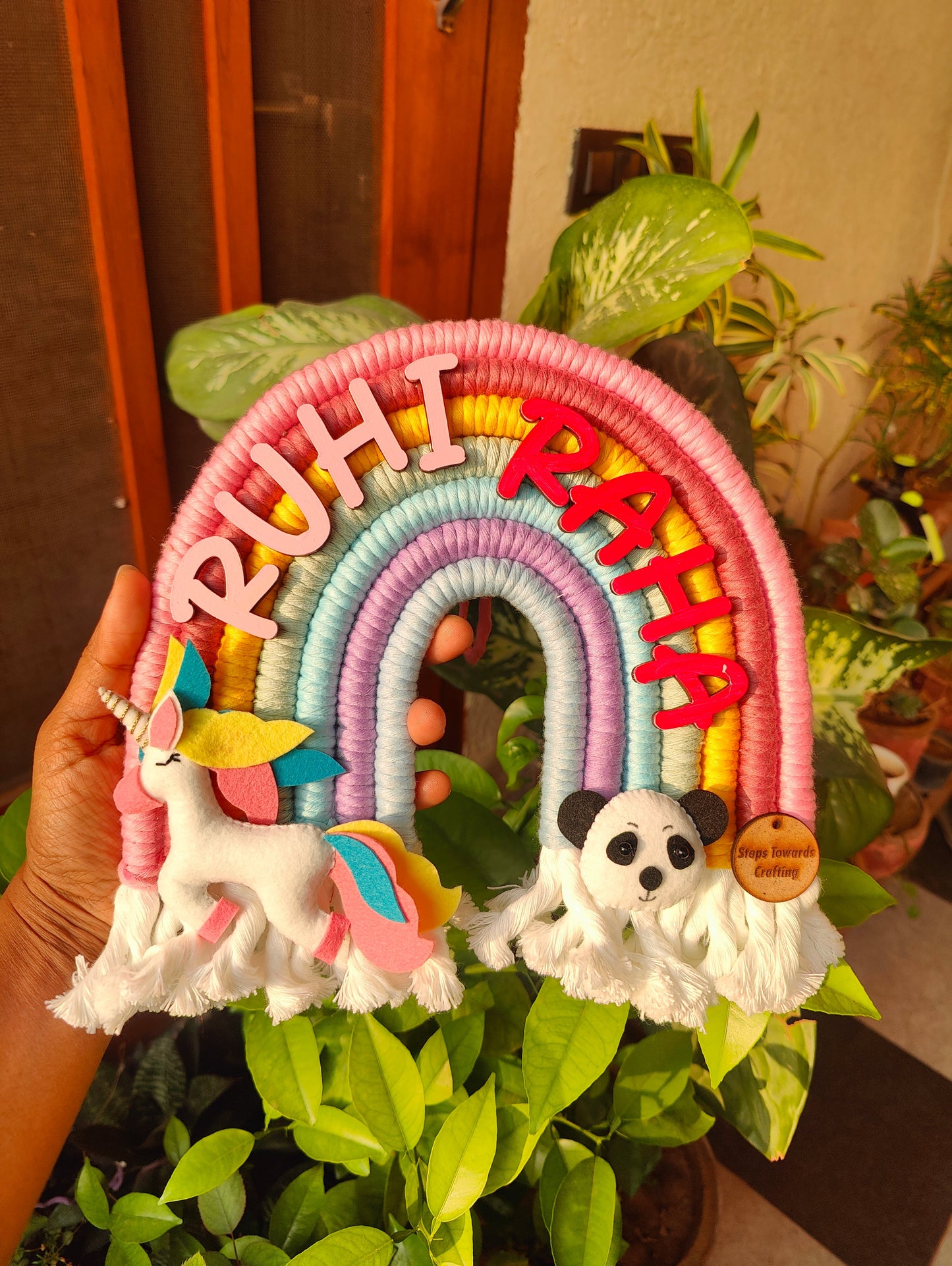 Macrame Nameboard -  7 layer Rainbow with Felt Animals