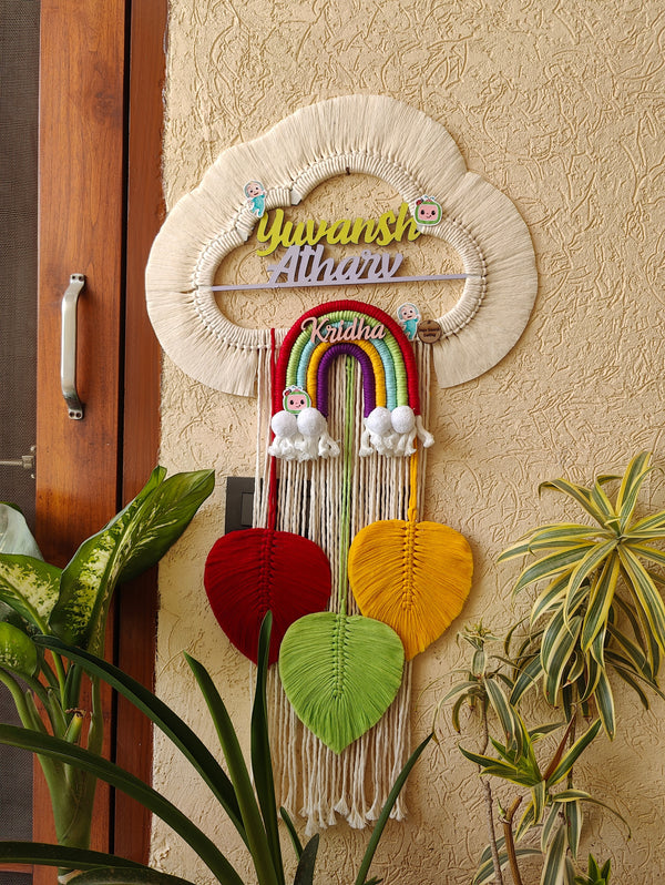 Handmade Macrame Kids Nameplate - Customizable Cloud Shape Coco Melon theme