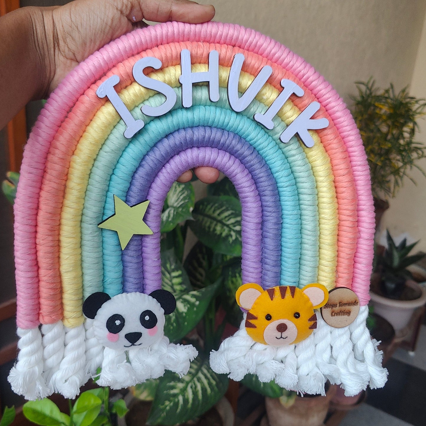 Macrame Nameboard -  7 layer Rainbow with Felt Animals