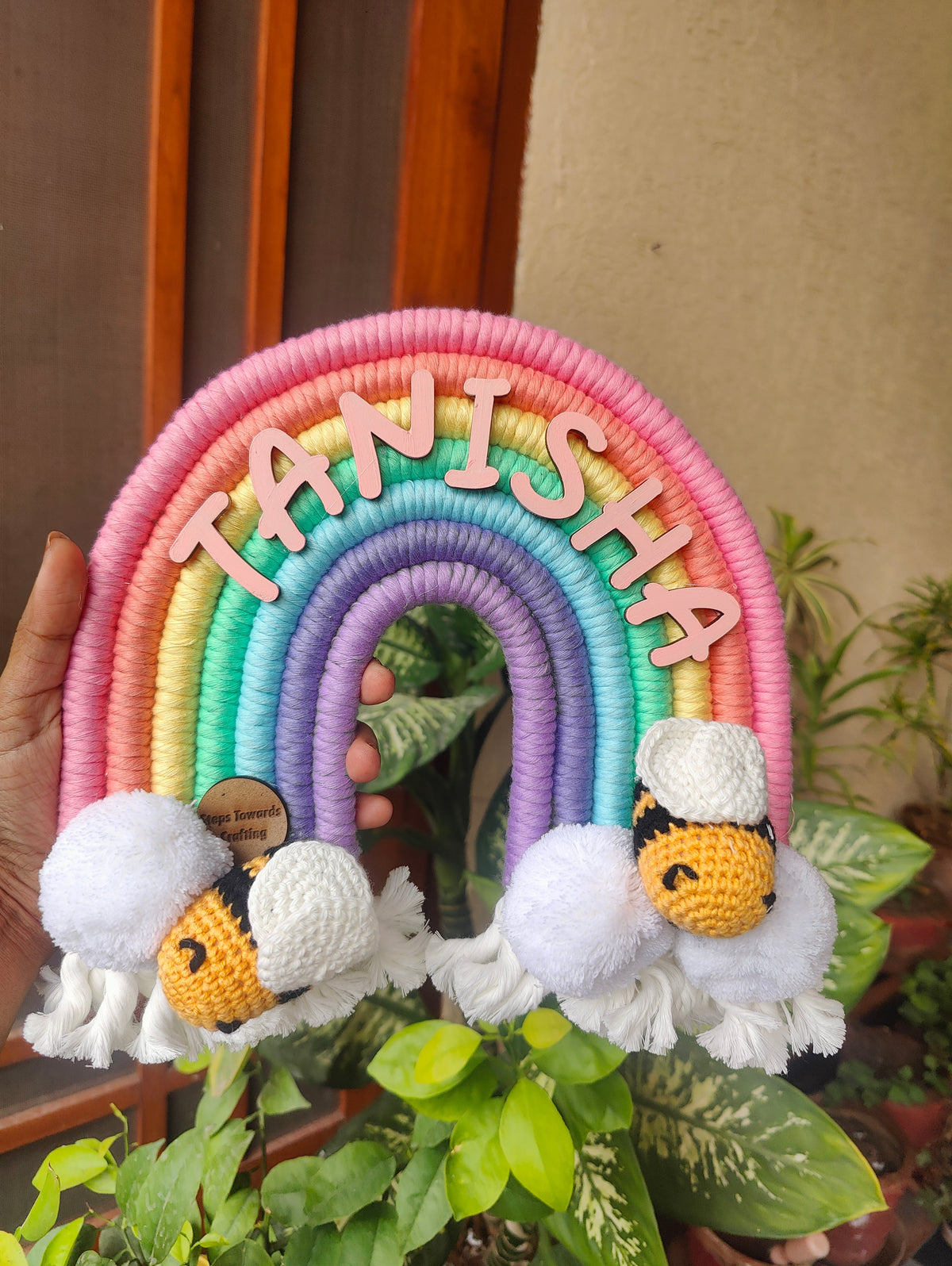 Handmade Macrame Rainbow Nameplate - Crochet Bee / Panda Theme