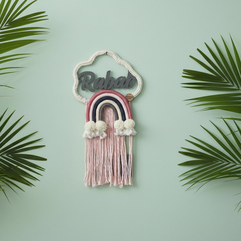 Macrame - Kids Name Plate Cloud With Rainbow & Hanging