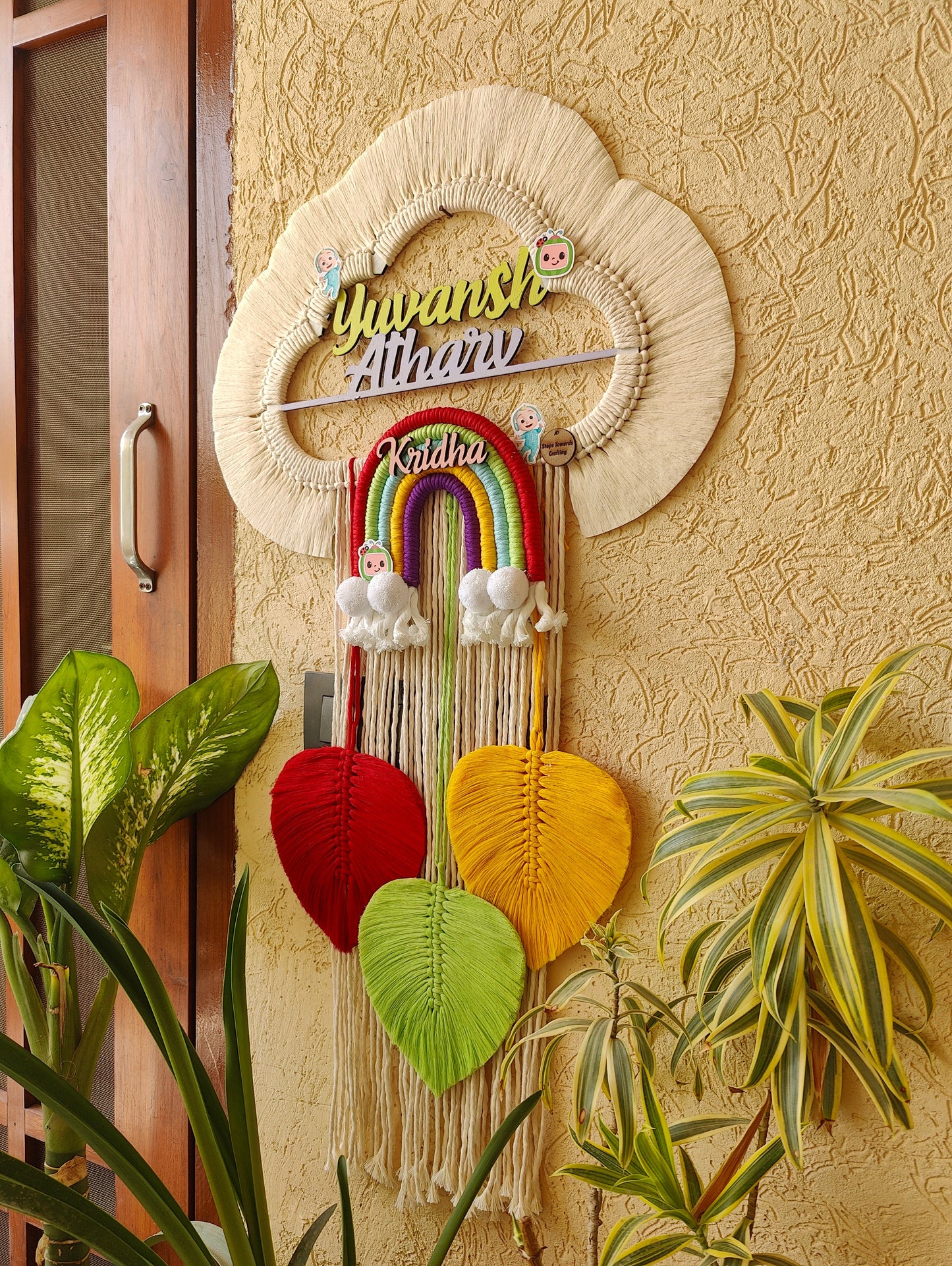 Handmade Macrame Kids Nameplate - Customizable Cloud Shape Coco Melon theme