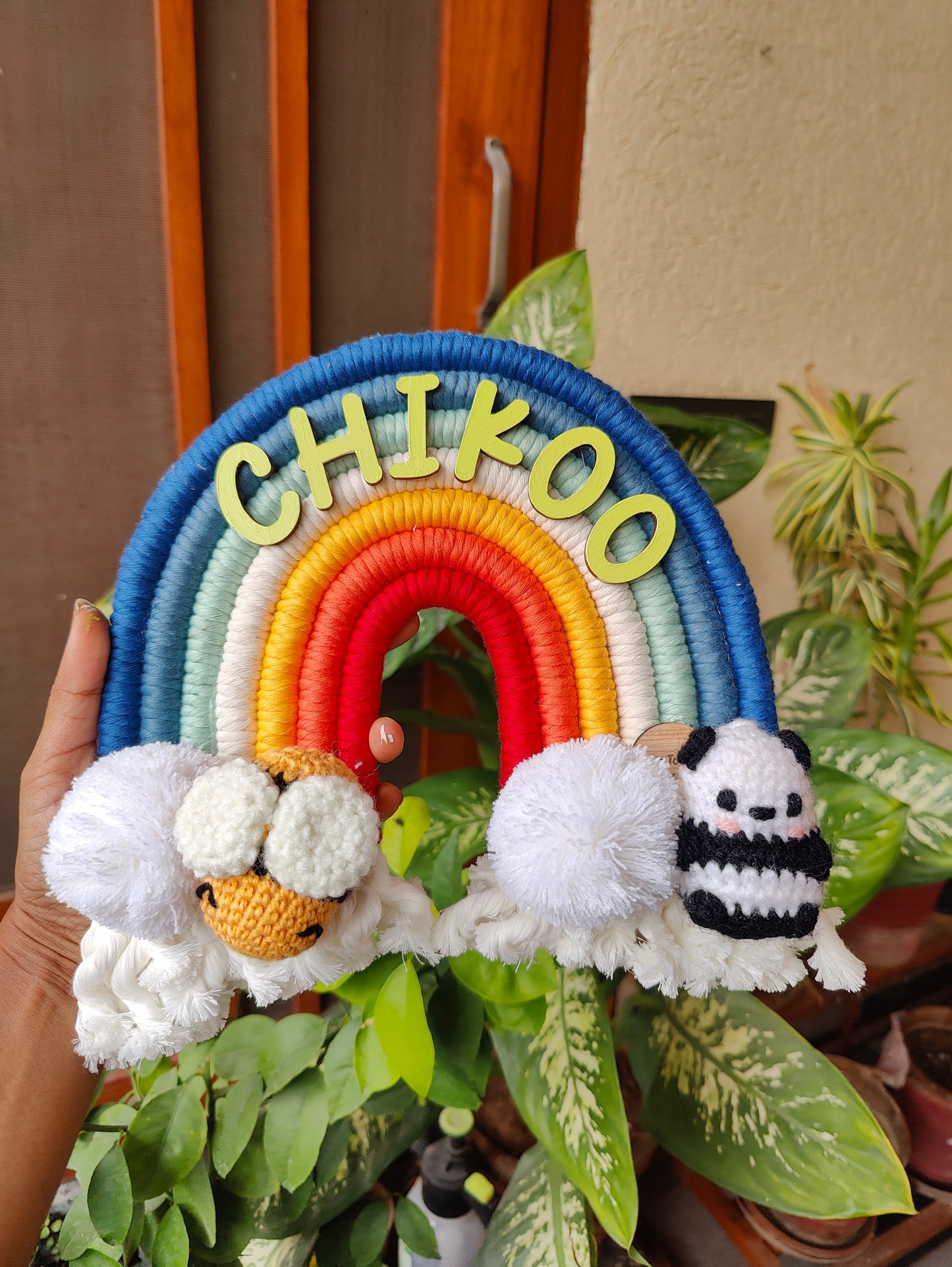 Handmade Macrame Rainbow Nameplate - Crochet Bee / Panda Theme