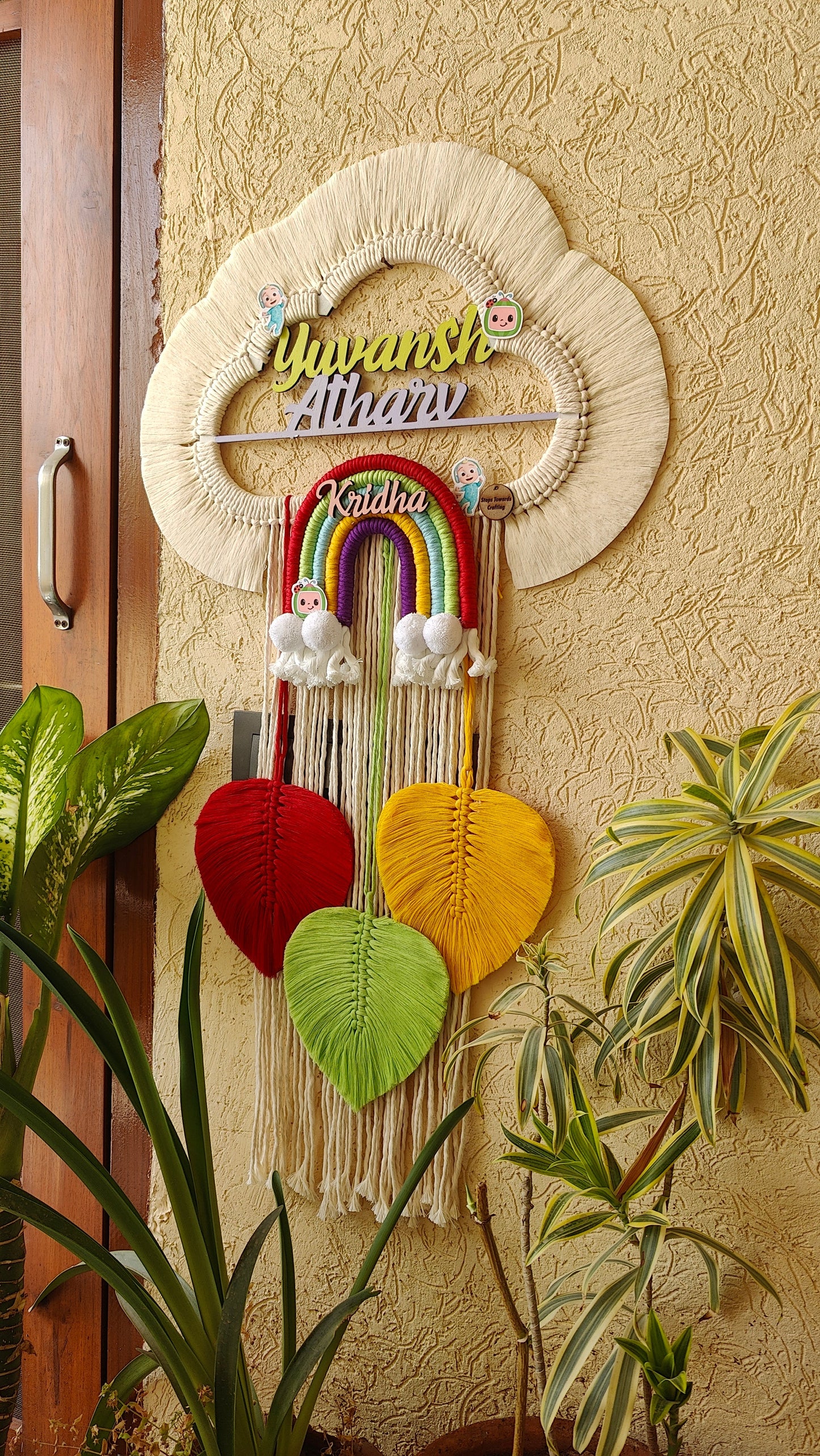 Handmade Macrame Kids Nameplate - Customizable Cloud Shape Coco Melon theme