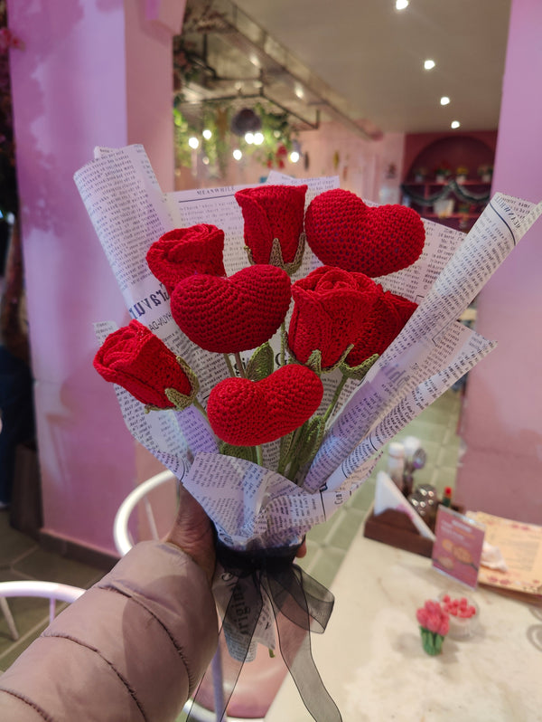 Rose and Heart Bouquet - Handmade Crochet Rose and Hearts