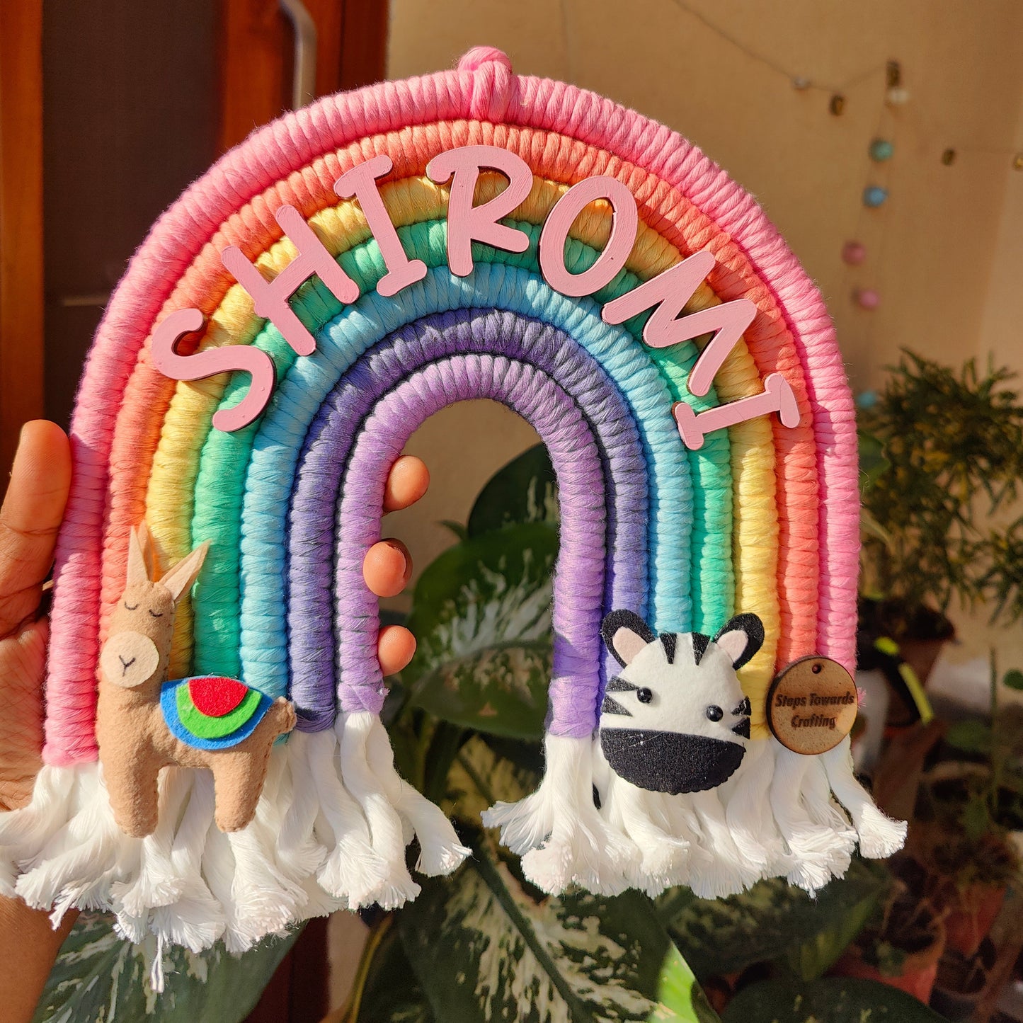 Macrame Nameboard -  7 layer Rainbow with Felt Animals